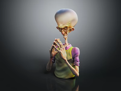 3D Alien Character With Large Head And Clasped Hands In Colorful Outfit 3d model