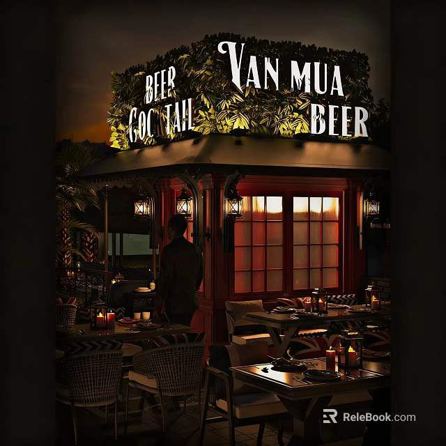 Outdoor Bar With Beer Cocktail Seating And Evening Ambient Lighting 3d model 