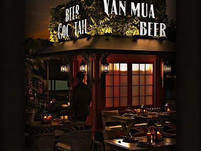 Outdoor Bar With Beer Cocktail Seating And Evening Ambient Lighting 3d model