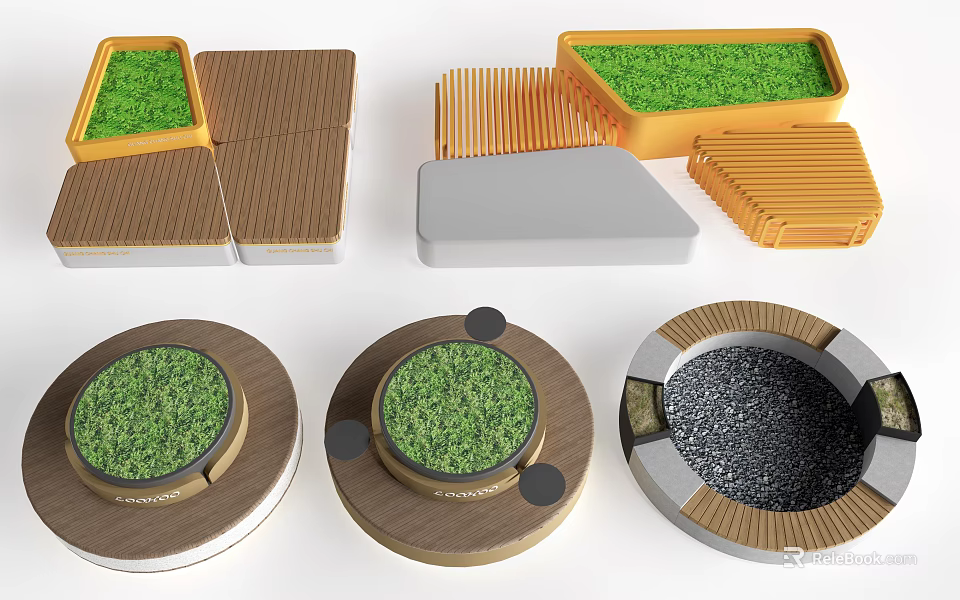 Creative Outdoor Landscape Seating With Various Shapes Green Grass And Wooden Metal Materials 3d model 