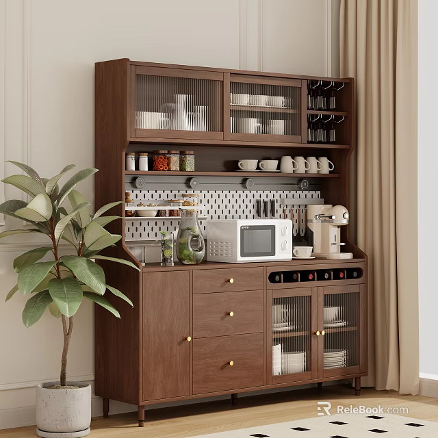 Modern Brown Sideboard With Glass Door Cabinets Open Shelving Cups Plates Spice Jars And Microwave 3d model 