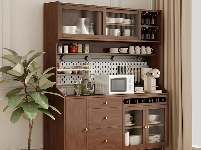 Modern Brown Sideboard With Glass Door Cabinets Open Shelving Cups Plates Spice Jars And Microwave 3d model