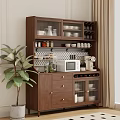 Modern Brown Sideboard With Glass Door Cabinets Open Shelving Cups Plates Spice Jars And Microwave