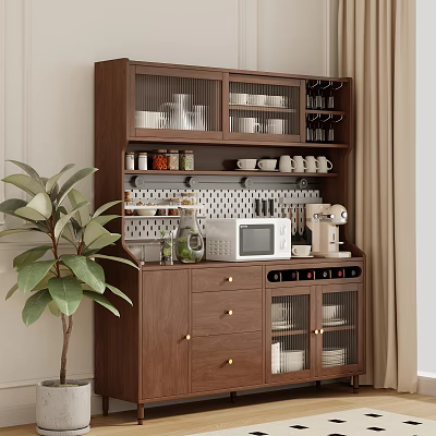 Modern Brown Sideboard With Glass Door Cabinets Open Shelving Cups Plates Spice Jars And Microwave 3d model