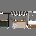 Mobile Food Carts with Striped Awning Wheels and Chicken Coffee Craft Tea Displays