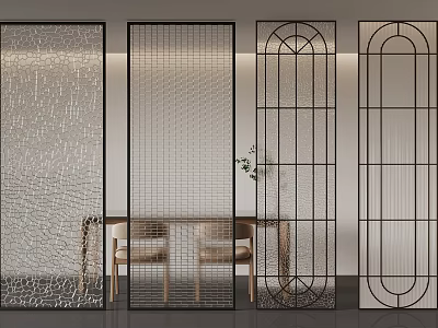 Modern Decorative Room Dividers With Intricate Patterns Metal Frames And Wooden Table Chair Plant 3d model
