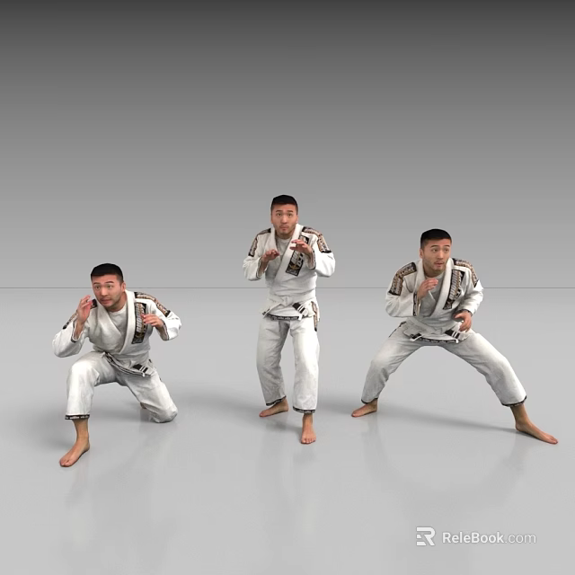 Men Wearing White Taekwondo Uniforms Performing Different Martial Arts Moves Against Gray Background 3d model 