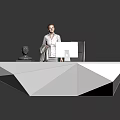 Modern White Geometric Reception Desk With Woman Computer Monitor And Decorative Sculpture