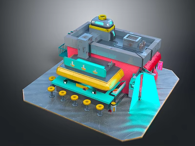Cartoon Scene Colorful 3D Model With Green Yellow Red Gray Structures And Mechanical Platform 3d model