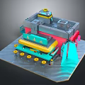 Cartoon Scene Colorful 3D Model With Green Yellow Red Gray Structures And Mechanical Platform