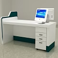 White Reception Desk With Green Sides And Bottom Featuring Display Screen