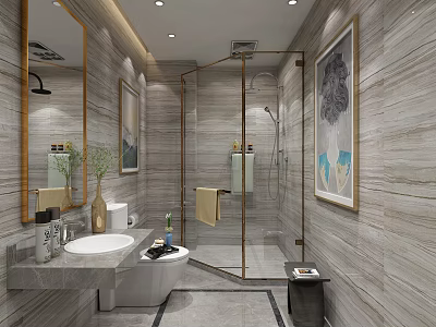 Modern Luxury Bathroom Design Featuring Full Marble Tile Walls And Gold Framed Glass Shower Enclosure 3d model