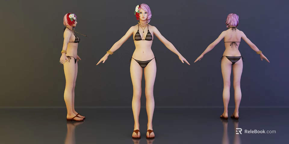 Woman in Bikini with Pink Hair Flower and Sandals Posing Three Angles Dark Background 3d model 