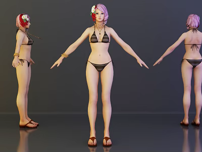Woman in Bikini with Pink Hair Flower and Sandals Posing Three Angles Dark Background 3d model