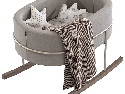 Gray Rocking Baby Crib With Metal Frame Wooden Rockers Star Patterned Pillows And Striped Blanket 3d model