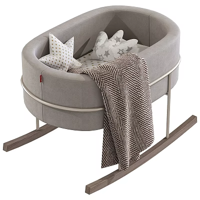 Gray Rocking Baby Crib With Metal Frame Wooden Rockers Star Patterned Pillows And Striped Blanket 3d model