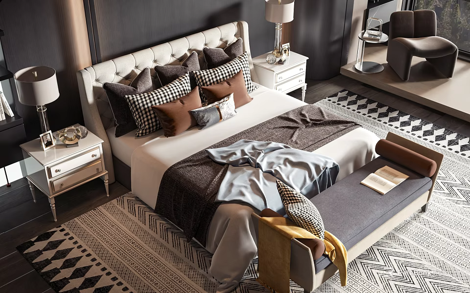 Modern Double Bed With Patterned Pillows Nightstands Lamps And Bench On Geometric Rug 3d model