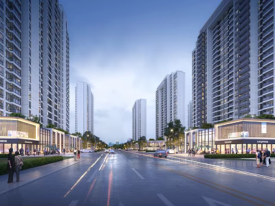 Modern Residential Buildings with Pedestrians Vehicles Street Lights and Shops Along Urban Street 3d model