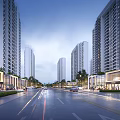 Modern Residential Buildings with Pedestrians Vehicles Street Lights and Shops Along Urban Street