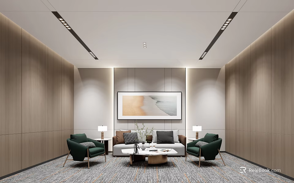 Modern Conference Room Interior With Green Chairs Sofa Coffee Table And Decorative Painting 3d model 