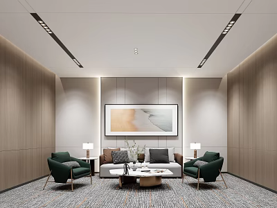 Modern Conference Room Interior With Green Chairs Sofa Coffee Table And Decorative Painting 3d model