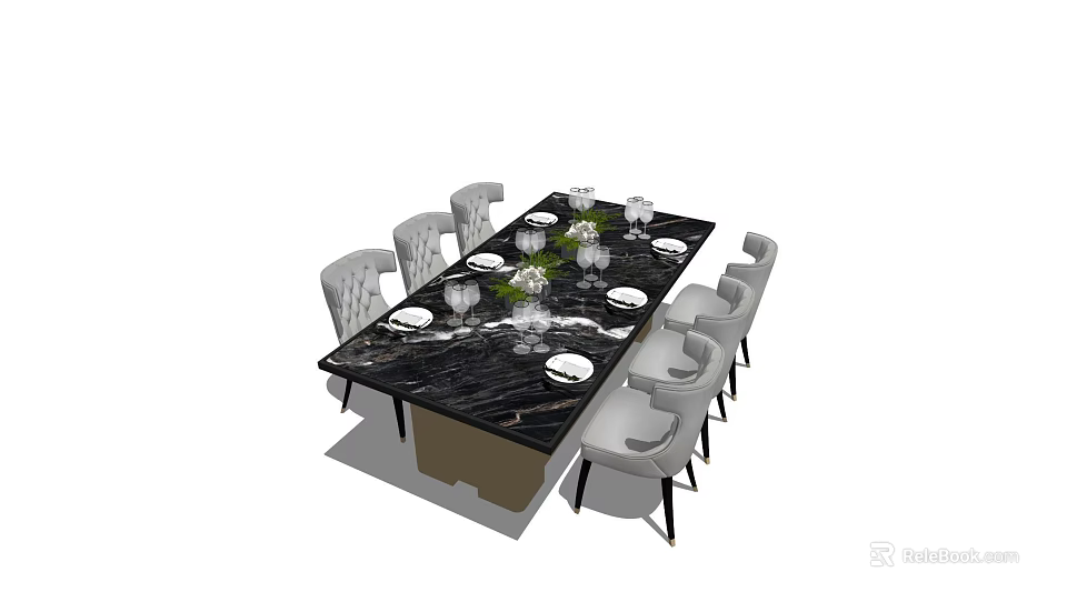 Modern Dining Table Set With Marble Top And Elegant Upholstered Chairs 3d model 
