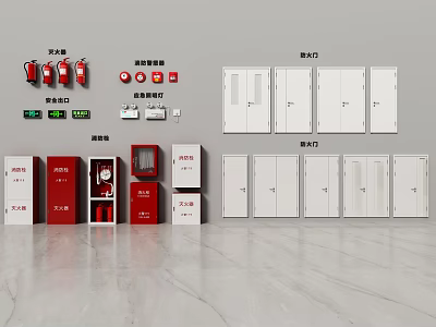 Red And White Fire Safety Equipment Including Extinguishers Hydrant Cabinets And Fire Doors 3d model