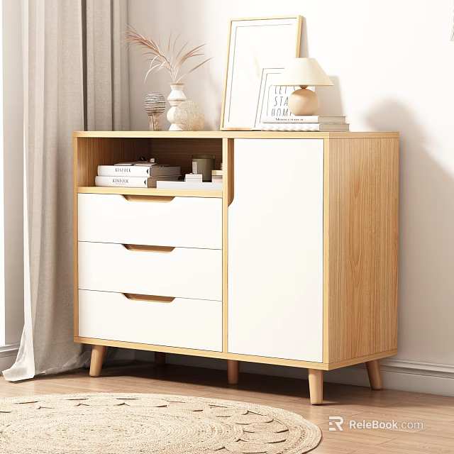 Modern Wooden Entryway Console Cabinet With White Panels Drawers And Decorative Items 3d model 