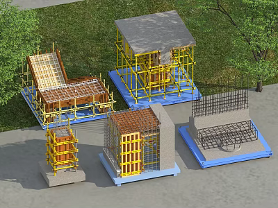 Construction Models Displaying Various Structural Frames Wooden Steel Green Grass Trees And Blue Bases 3d model