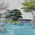 Scenic Wall with Waterfall Rocks Cherry Blossom and Pine Tree by Pond