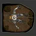 White Mechanical Robot Standing On Dirt Ground With Wooden Sticks And Small Plants