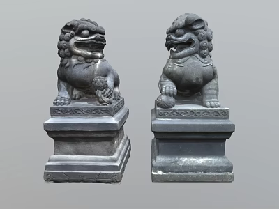 Traditional Stone Lion Sculptures With Detailed Carved Pedestals And Classic Design 3d model