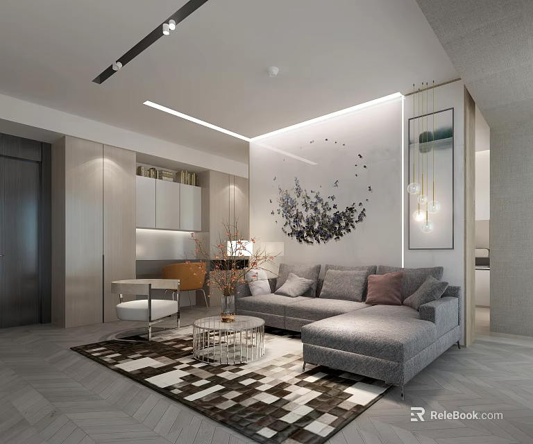 Modern Living Room Interior With Grey Sofa Pillows Geometric Rug And Decorative Wall Art 3d model 