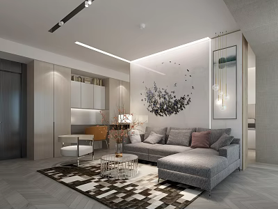 Modern Living Room Interior With Grey Sofa Pillows Geometric Rug And Decorative Wall Art 3d model