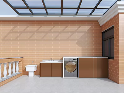 Practical Villa Balcony With Glass Skylight Brick Wall Washing Machine Sink And Cabinets 3d model