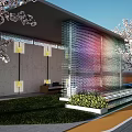 Modern Scenic Wall With Colorful Glass Light Shadow Effect Near Cherry Blossom Tree And Pedestrian