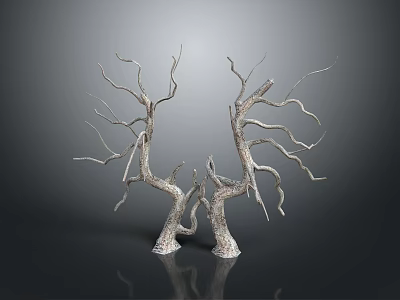Silver Metallic Decorative Branch Sculpture With Twisted Branches And Double Base On Reflective Surface 3d model