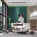 Duplex Living Room Interior With Green Wall Large Windows And Staircase