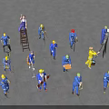 Group of Workers in Blue Worksuits and Yellow Hard Hats Performing Tasks on Concrete Ground