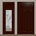 Dark Brown Wooden Hinged Doors with Glass Panel Bamboo Pattern and Solid Wood Design 3d model