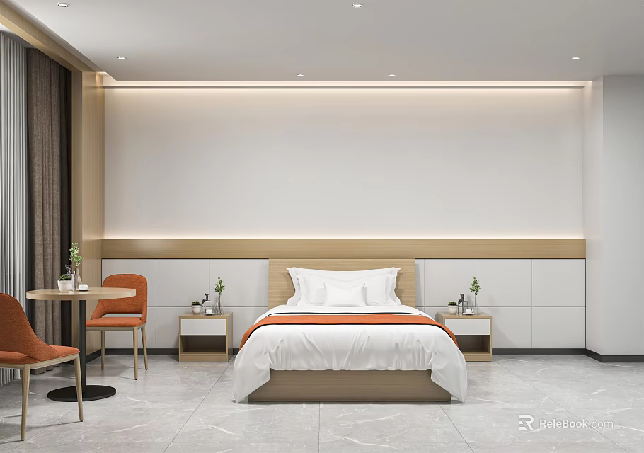 Modern Hotel Room Interior with Comfortable Bed Nightstands Accent Chairs and Soft Lighting 3d model 