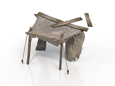 Primitive Tent Structure With Crossed Wooden Poles And Tattered Fabric Cover 3d model