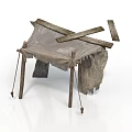 Primitive Tent Structure With Crossed Wooden Poles And Tattered Fabric Cover