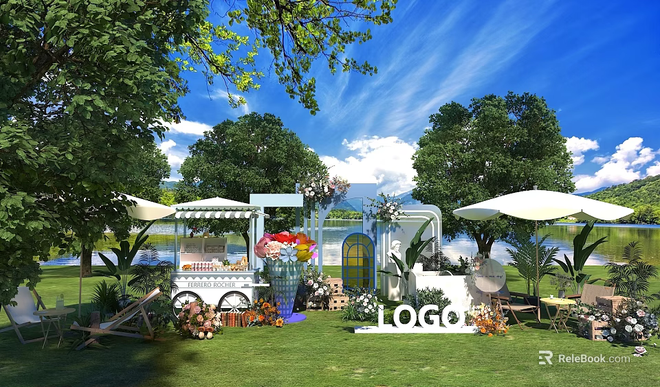 Outdoor Garden Event Display With White Umbrellas Flower Cart Floral Decor And Lake View 3d model 