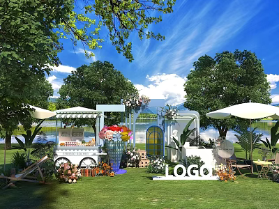 Outdoor Garden Event Display With White Umbrellas Flower Cart Floral Decor And Lake View 3d model