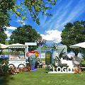 Outdoor Garden Event Display With White Umbrellas Flower Cart Floral Decor And Lake View