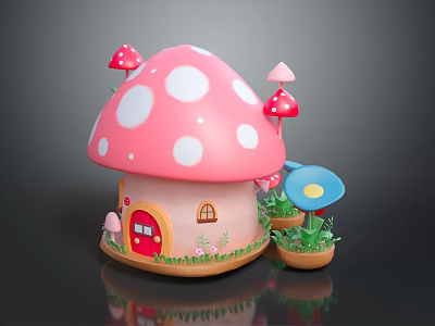 Cartoon Mushroom House Scene With Pink White Spots Red Door Small Window And Flowers 3d model