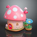 Cartoon Mushroom House Scene With Pink White Spots Red Door Small Window And Flowers