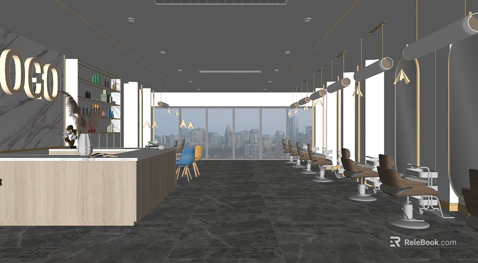 Modern Hair Salon Interior With Styling Chairs Floor to Ceiling Windows and City View 3d model 