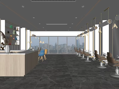 Modern Hair Salon Interior With Styling Chairs Floor to Ceiling Windows and City View 3d model